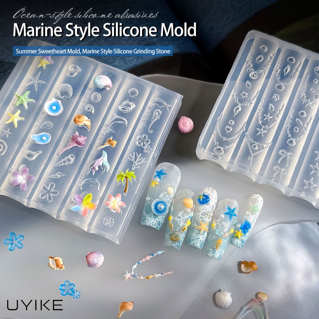 UYIKE Ocean สไตล์เล็บนูนแม่พิมพ์ซิลิโคนฤดูร้อนรุ่น Shell ปลาดาวเจล Polish บรรจุแม่พิมพ์ Easy-release เครื่องมือ