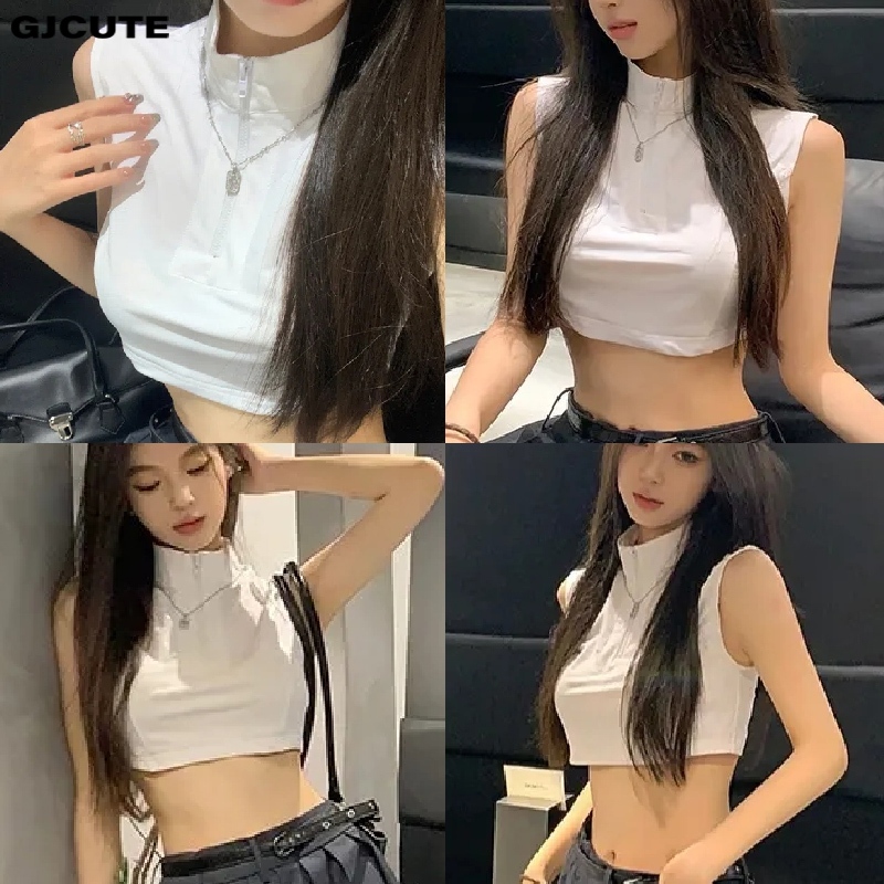 Gjcute เสื้อสายเดี่ยว คอเต่า แขนกุด มีซิป สไตล์เรโทร แฟชั่นฤดูร้อน สําหรับผู้หญิง WTD