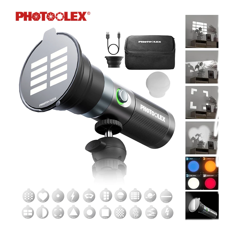 PHOTOOLEX ไฟฉายถ่ายภาพสี่สี 10W แผ่นลวดลายสร้างสรรค์แบบแม่เหล็ก 20 แผ่น ปรับการซูมลำแสงได้ 8400mAh