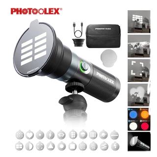 PHOTOOLEX ไฟฉายถ่ายภาพสี่สี 10W แผ่นลวดลายสร้างสรรค์แบบแม่เหล็ก 20 แผ่น ปรับการซูมลำแสงได้ 8400mAh