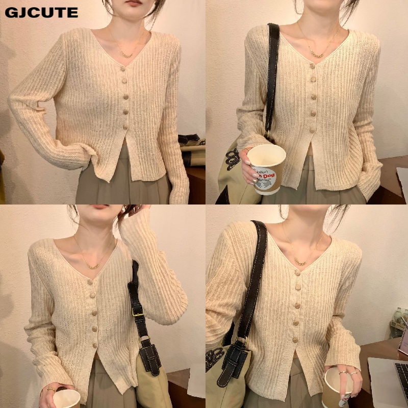 Gjcute ฤดูใบไม้ผลิฤดูใบไม้ร่วงเกาหลี V คอแขนยาวหลวมสั้นถักเสื้อสเวตเตอร์ถักสําหรับผู้หญิง WTD