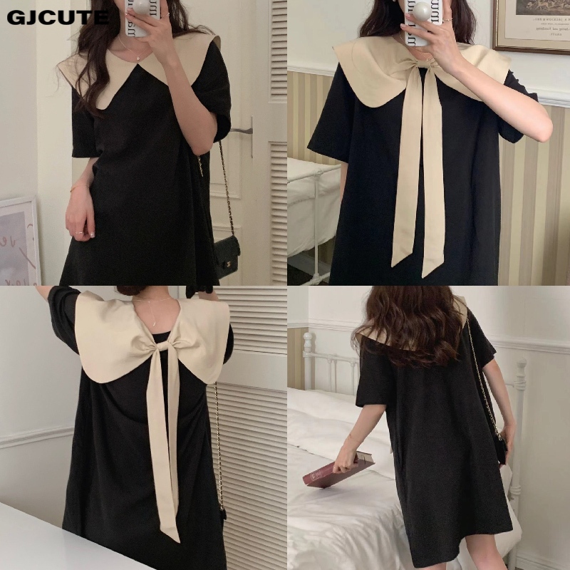 Mfc ฤดูร้อนใหม่เกาหลีด้านหน้าและด้านหลังคู่สวมขนาดใหญ่โบว์สีตัดกันคอตุ๊กตาชุด WTD