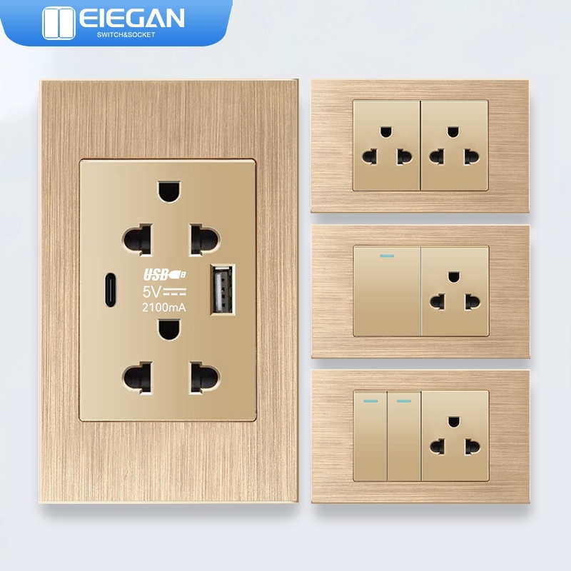 ELEGAN ซ็อกเก็ตสวิตช์ติดผนัง แผงวัสดุอลูมิเนียมอัลลอยด์-L06 สีทอง