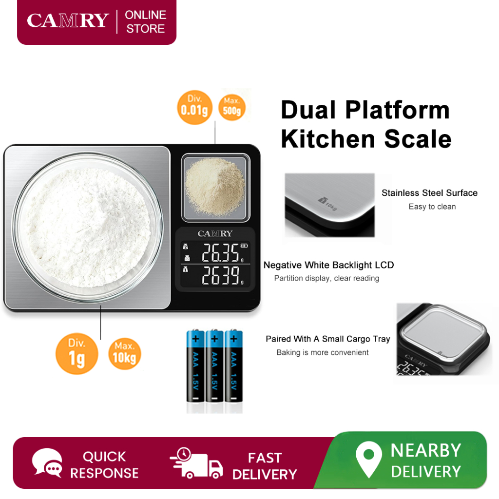 Camry Digital Dual Platform Kitchen Scale, 10Kg Large & 500g เครื่องชั่งอาหารขนาดเล็กพร้อมจอแสดงผล LCD Dual-Line สําหรับการอบ, ทําอาหาร, และมื้ออาหาร Prep