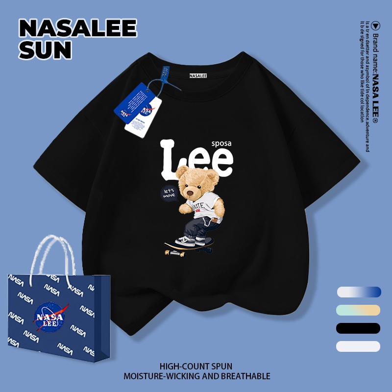 【จัดส่งวันเดียวกัน】เสื้อยืดแขนสั้นเด็ก NASA ผ้าฝ้ายสีดำนุ่มสบาย ลายหมีเล่นสเก็ตบอร์ด สำหรับเด็กชาย-เด็กหญิงอายุ 3-16 ปี เสื้อยืดสวมใส่สบาย