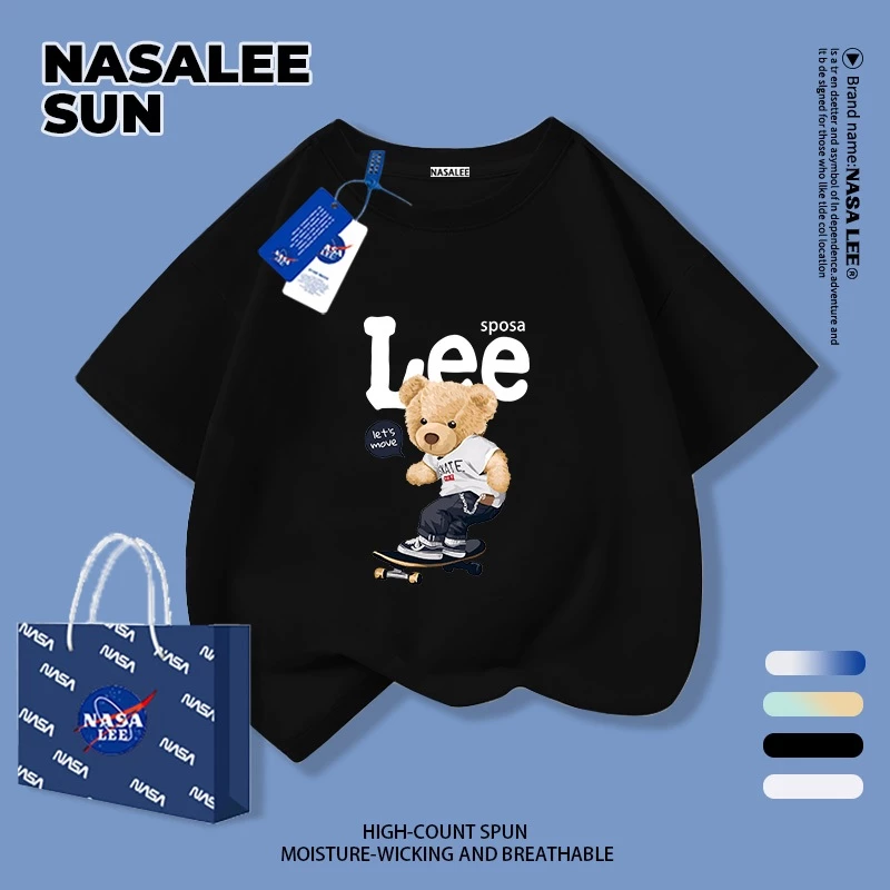 【จัดส่งวันเดียวกัน】เสื้อยืดแขนสั้นเด็ก NASA ผ้าฝ้ายสีดำนุ่มสบาย ลายหมีเล่นสเก็ตบอร์ด สำหรับเด็กชาย-เด็กหญิงอายุ 3-16 ปี เสื้อยืดสวมใส่สบาย
