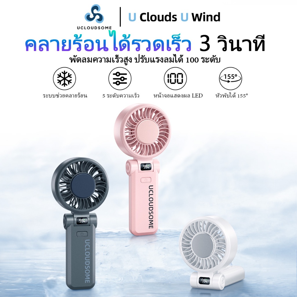 UCLOUDSOME พัดลมขนาดเล็ก แบบพับได้แบบพกพา 5000mAh พร้อม 5 เกียร์ ลมแรง เงียบ แผ่นรองประคบเย็นแบบปรับได้