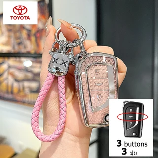 3 ปุ่ม Toyota Vios Yaris Atis Hilux Revo เคสกุญแจรถพลิก Hilux 2.4E Fortuner Innova Camry RAV4 CHR Prado Toyota คริสตัลสไตล์พับกุญแจรถพวงกุญแจ