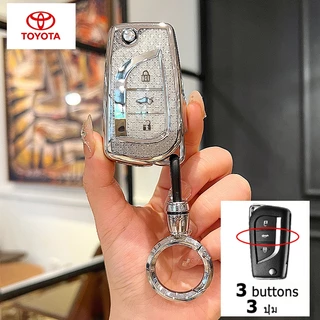 3 ปุ่ม Toyota Vios Yaris Atis Hilux Revo เคสกุญแจรถพลิก Hilux 2.4E Fortuner Innova Camry RAV4 CHR Prado Toyota คริสตัลสไตล์พับกุญแจรถพวงกุญแจ