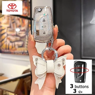 3 ปุ่ม Toyota Vios Yaris Atis Hilux Revo เคสกุญแจรถพลิก Hilux 2.4E Fortuner Innova Camry RAV4 CHR Prado Toyota คริสตัลสไตล์พับกุญแจรถพวงกุญแจ