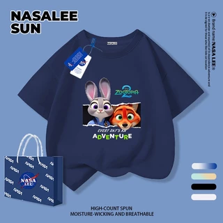 【จัดส่งวันเดียวกัน】เสื้อยืดแขนสั้นเด็ก NASA ผ้าฝ้ายสีขาวนุ่มสบาย ลายสุนัขจิ้งจอกและกระต่ายสไตล์อเมริกันทันสมัย สำหรับเด็กชาย-เด็กหญิงอายุ 3-16 ปี เสื้อยืดสวมใส่สบาย