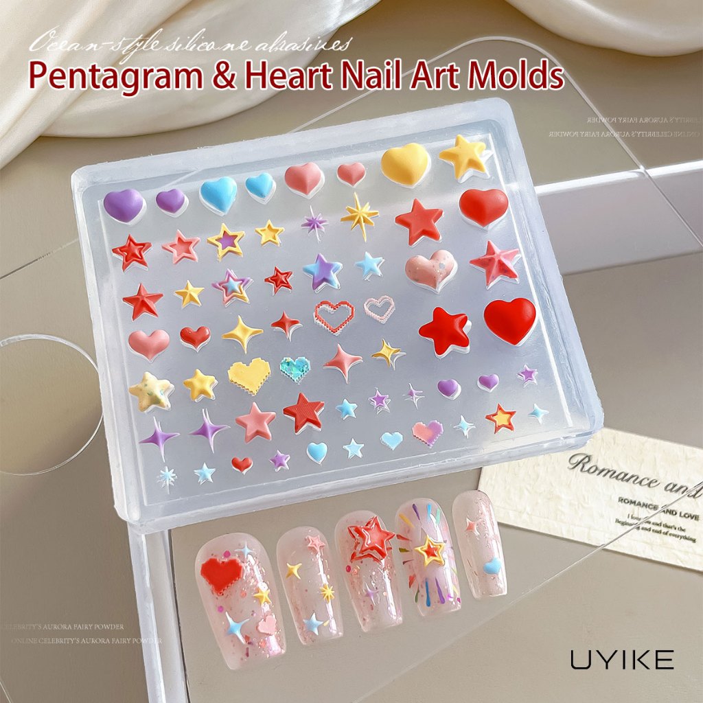 UYIKE แม่พิมพ์ซิลิโคนเล็บรูปหัวใจ 3D Stereoscopic Star Pattern Gel Polish Filling Mold Easy-release Tool