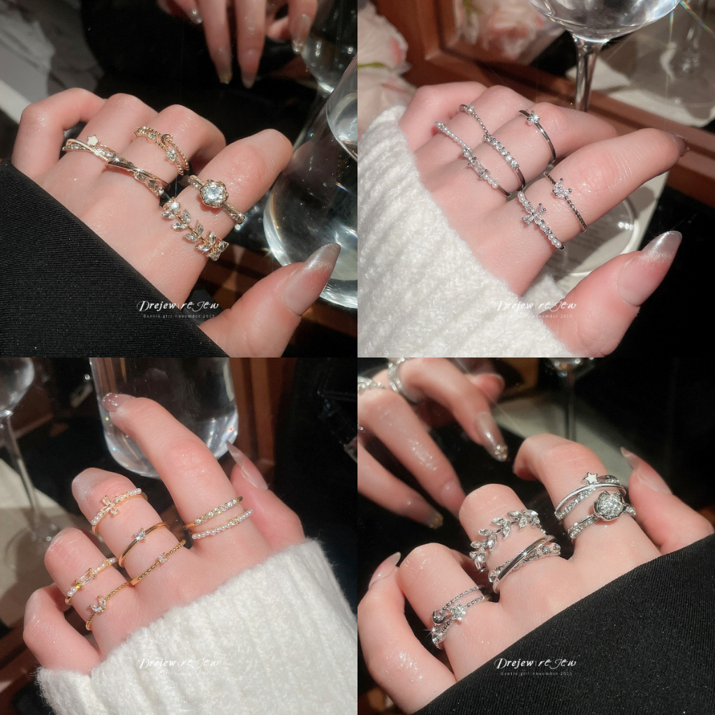 DREW 7 ชิ้น Gold Star/Moon Leaf Rhinestone แหวนผู้หญิง Sparkly Design แฟชั่นทุกวันอินเทรนด์สไตล์เครื่องประดับอุปกรณ์เสริม