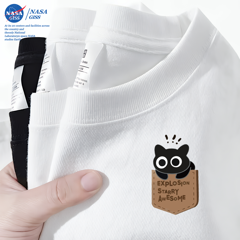 RARM T-Shirts Men's Women's Casual style cat pocket Printed Short-Sleeved  Round Neck Breathable fabric