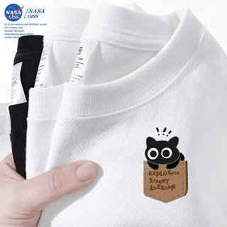 NASA เสื้อยืดชายหญิงแขนสั้น สไตล์ลำลอง summer กระเป๋าแมว พิมพ์ลาย คอตตอน t-shirt คอกลม หลวมและระบายอากาศ