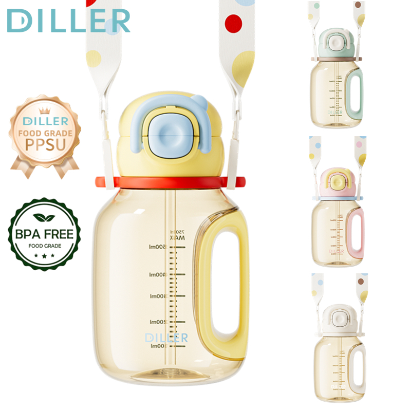 ขวดน้ํา Diller ป้องกันความร้อน 180℃, PPSU, ปลอดสาร BPA, หัวคู่, ป้องกันการรั่วซึม, สายรัด, 750ml D2605