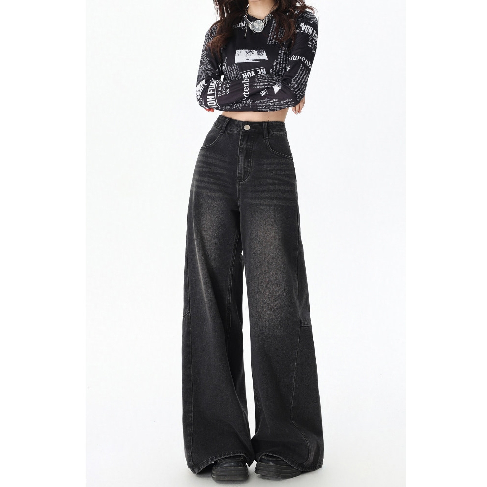 กางเกงยีนส์สีดำฟอกชายบาน สไตล์เรโทร ทรงสลิม,Vintage Black Jeans for Women