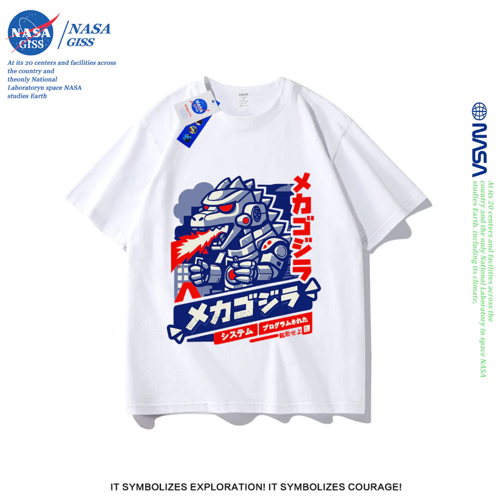 NASA เสื้อยืดชายหญิงแขนสั้น สตรีทฮิปฮอป summer เมคาก็อดซิลล่า พิมพ์ลาย คอตตอน คอกลม หลวมและระบายอากาศ