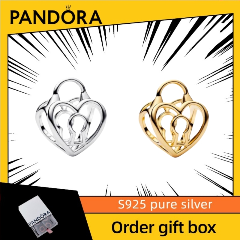 ล่าสุด PANDORA Fashion Design Gift เครื่องประดับผู้หญิง S925 Pure Silver Openwork Heart Padlock Char