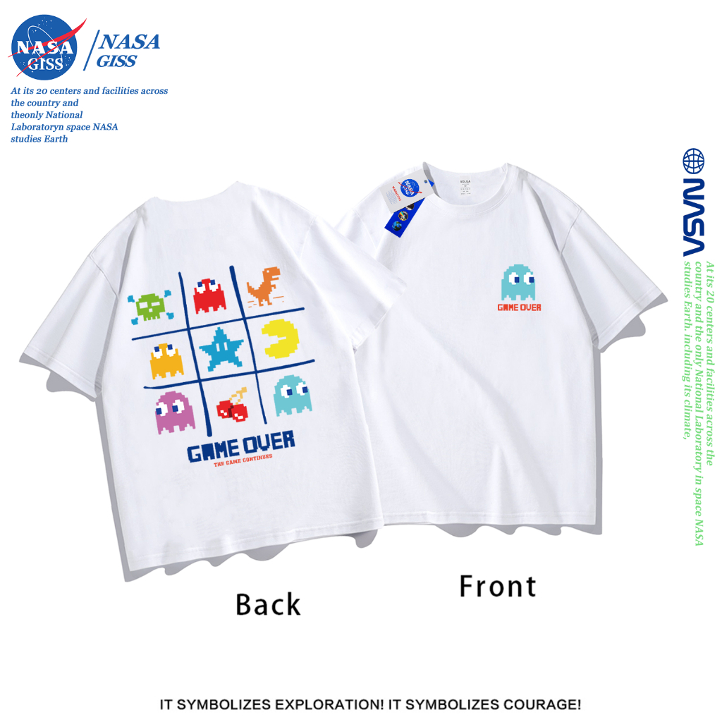 NASA เสื้อยืดชายหญิงแขนสั้น สไตล์ลำลอง summer แพ็กแมน พิมพ์ลาย คอตตอน คอกลม หลวมและระบายอากาศ