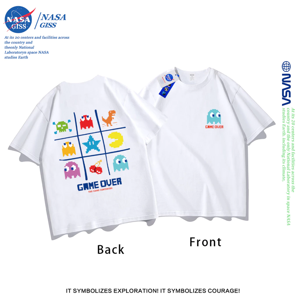 NASA เสื้อยืดชายหญิงแขนสั้น สไตล์ลำลอง summer แพ็กแมน พิมพ์ลาย คอตตอน คอกลม หลวมและระบายอากาศ