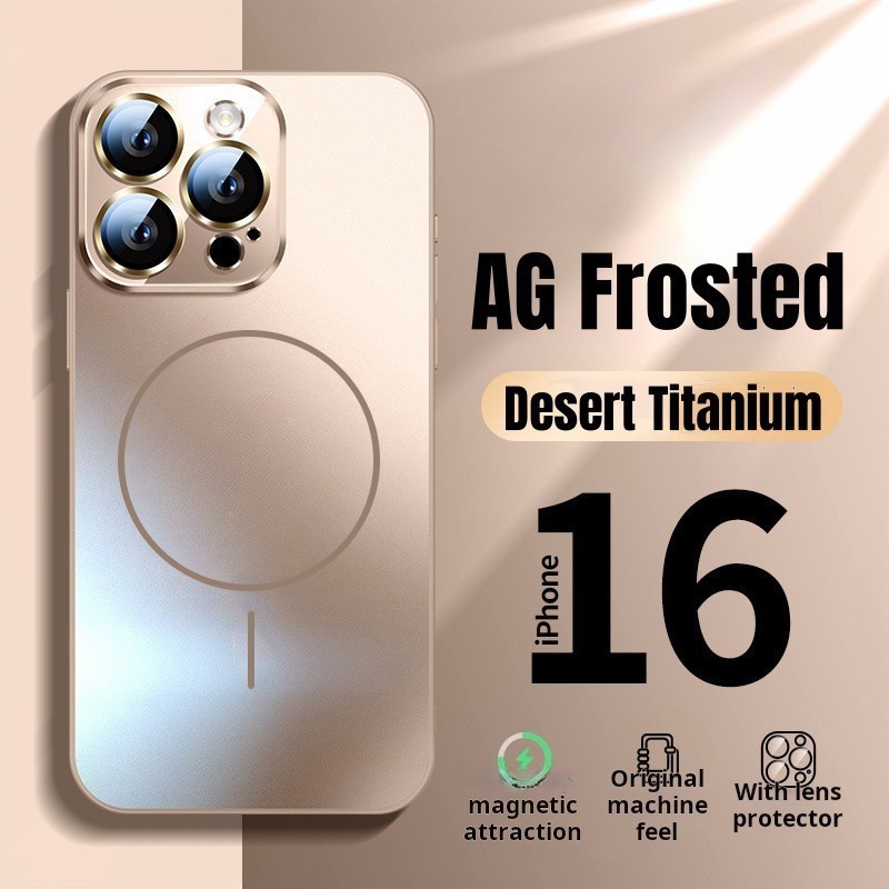 Desert gold AG Frosted Glass เคสโทรศัพท์แม่เหล็กสําหรับ iPhone 16 Pro Max 15 14 13 12 11 Pro Max Plus กล้องป้องกันเลนส์ป้องกันปลอกกันกระแทก Matte Hard ฝาหลัง