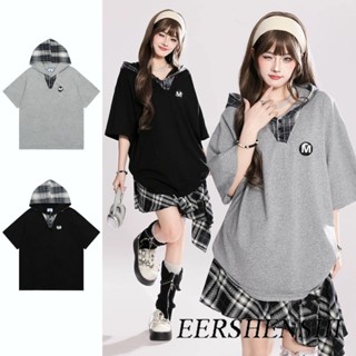 เชิ้ตแขนสั้นมีฮู้ด คุณภาพสูง ดีเทลลายสก๊อต