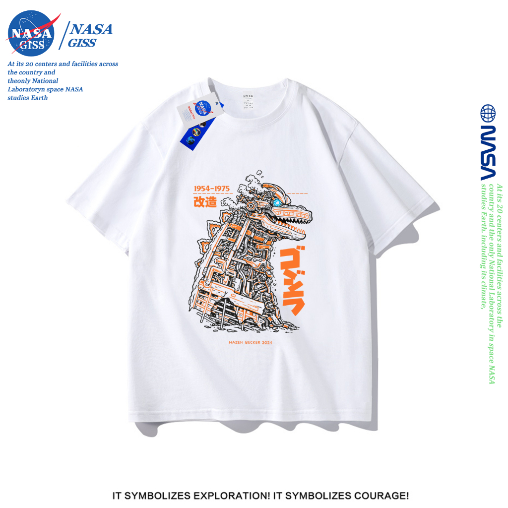 NASA เสื้อยืดชายหญิงแขนสั้น สตรีทฮิปฮอป summer เมคาก็อดซิลล่า พิมพ์ลาย คอตตอน คอกลม หลวมและระบายอากาศ
