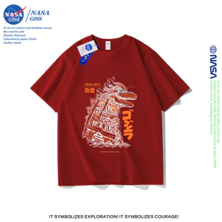 NASA เสื้อยืดชายหญิงแขนสั้น สตรีทฮิปฮอป summer เมคาก็อดซิลล่า พิมพ์ลาย คอตตอน คอกลม หลวมและระบายอากาศ