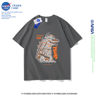 NASA เสื้อยืดชายหญิงแขนสั้น สตรีทฮิปฮอป summer เมคาก็อดซิลล่า พิมพ์ลาย คอตตอน คอกลม หลวมและระบายอากาศ