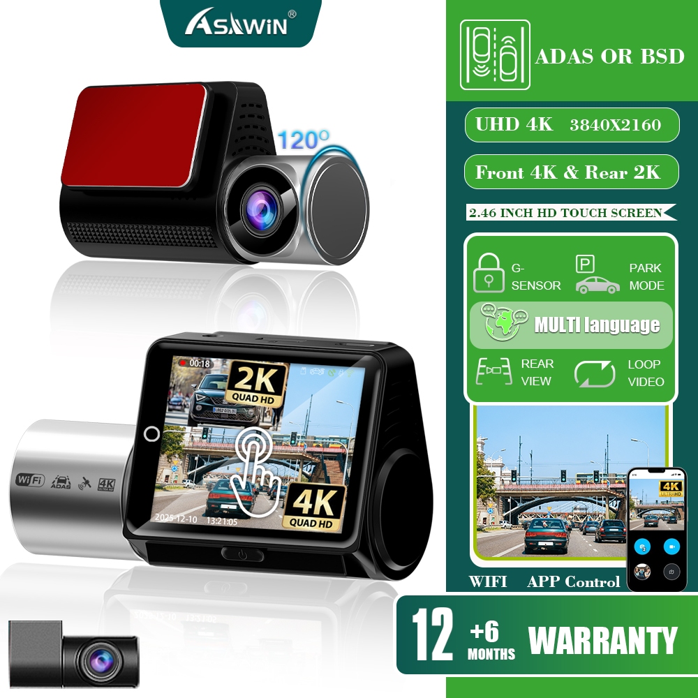 2.45 นิ้ว 4K Wifi GPS หน้าจอสัมผัส Dash Cam พร้อม ADAS BSD 2K Dual เลนส์รถกล้องย้อนกลับภาพที่จอดรถการตรวจสอบ night vision
