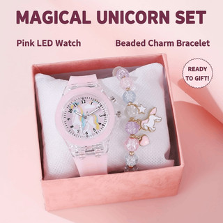Luminous Watch For Kids Boy&Girl Unicorn Quartz Bracelet Set Pink Blue White Kids Gift Back To School No Box for Summer