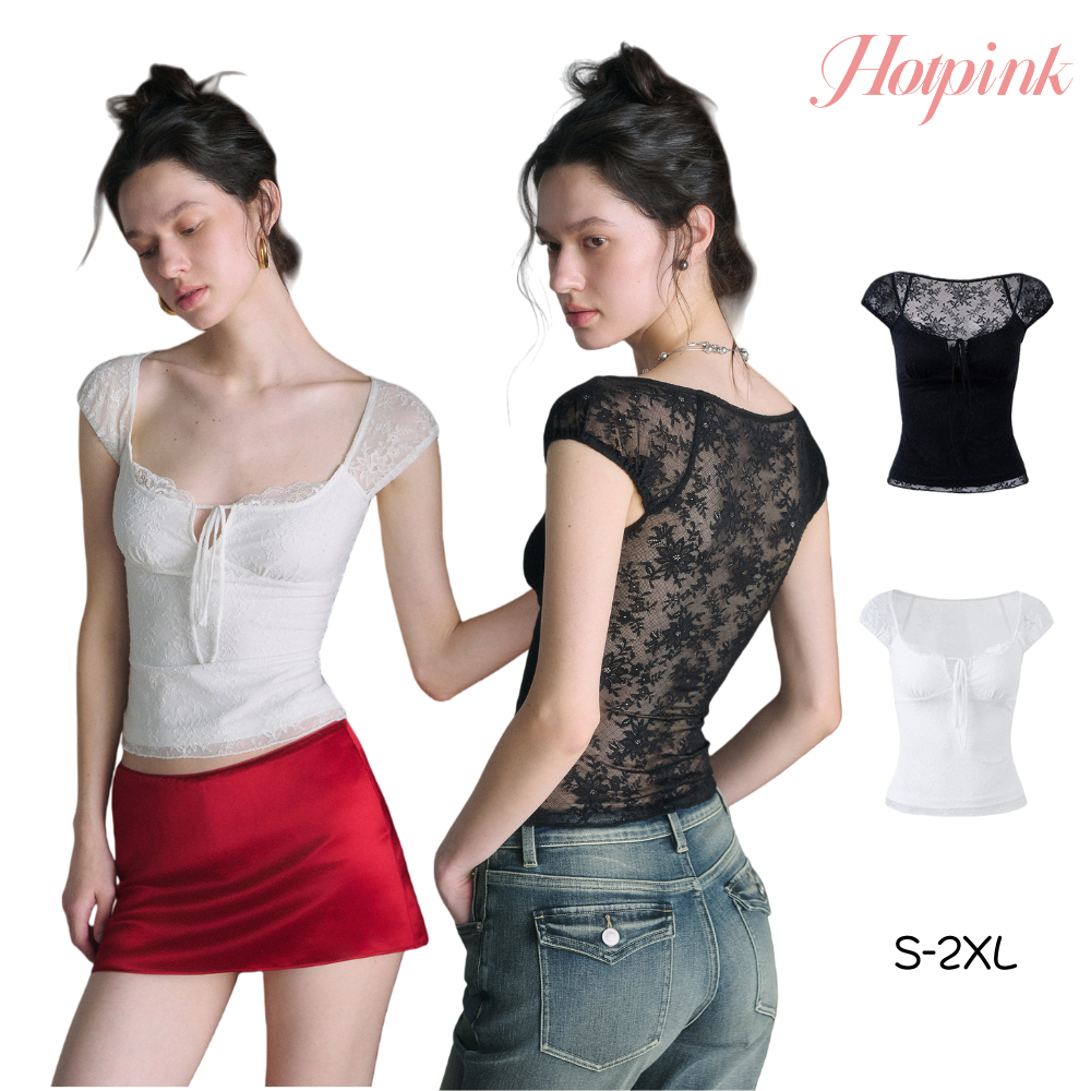 Hotpink ส่งจาก Bangkok🔥เสื้อยืดคอเหลี่ยมสีดำ/ขาว ทรงเข้ารูป ผูกเอว ตกแต่งด้วยลูกไม้ เหมาะสำหรับฤดูร้อน