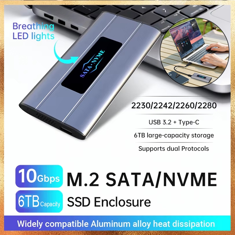 M.2 NVMe/SATA Dual Protocol SSD Enclosure 10Gbps 6TB USB ความเร็วสูง 3.2 Gen2 TypeC อะแดปเตอร์อลูมิเ