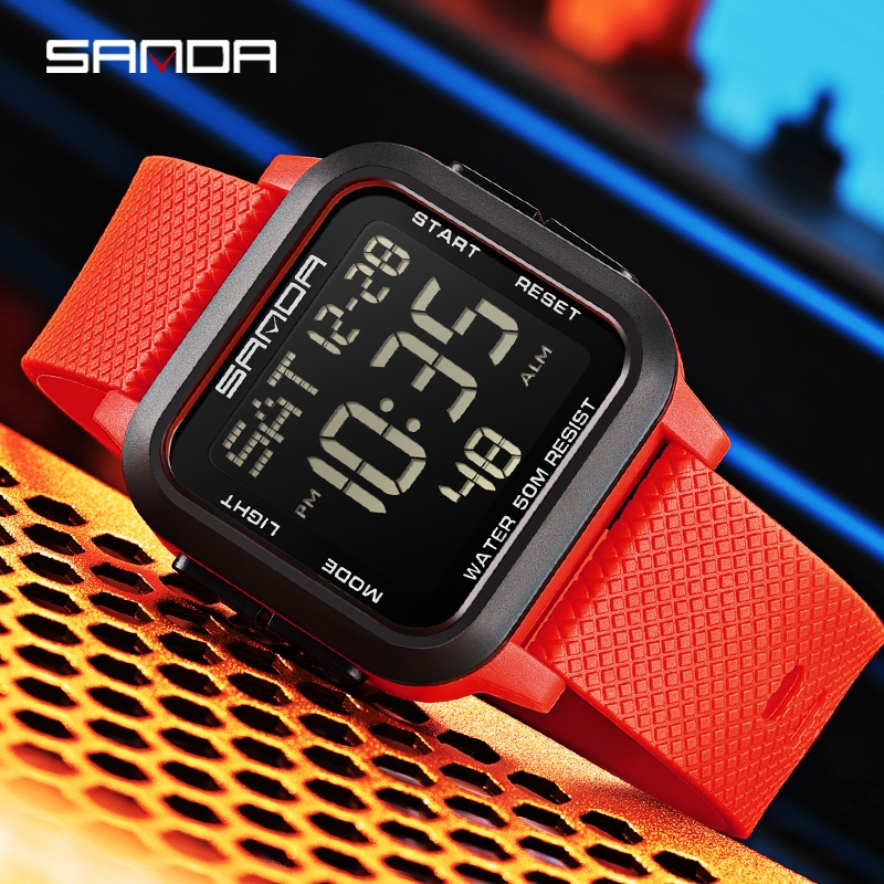 Sanda 2194-3/Original Square Solid Color Watch Retro อินเทรนด์ Night Light กันน้ําอิเล็กทรอนิกส์นาฬิ