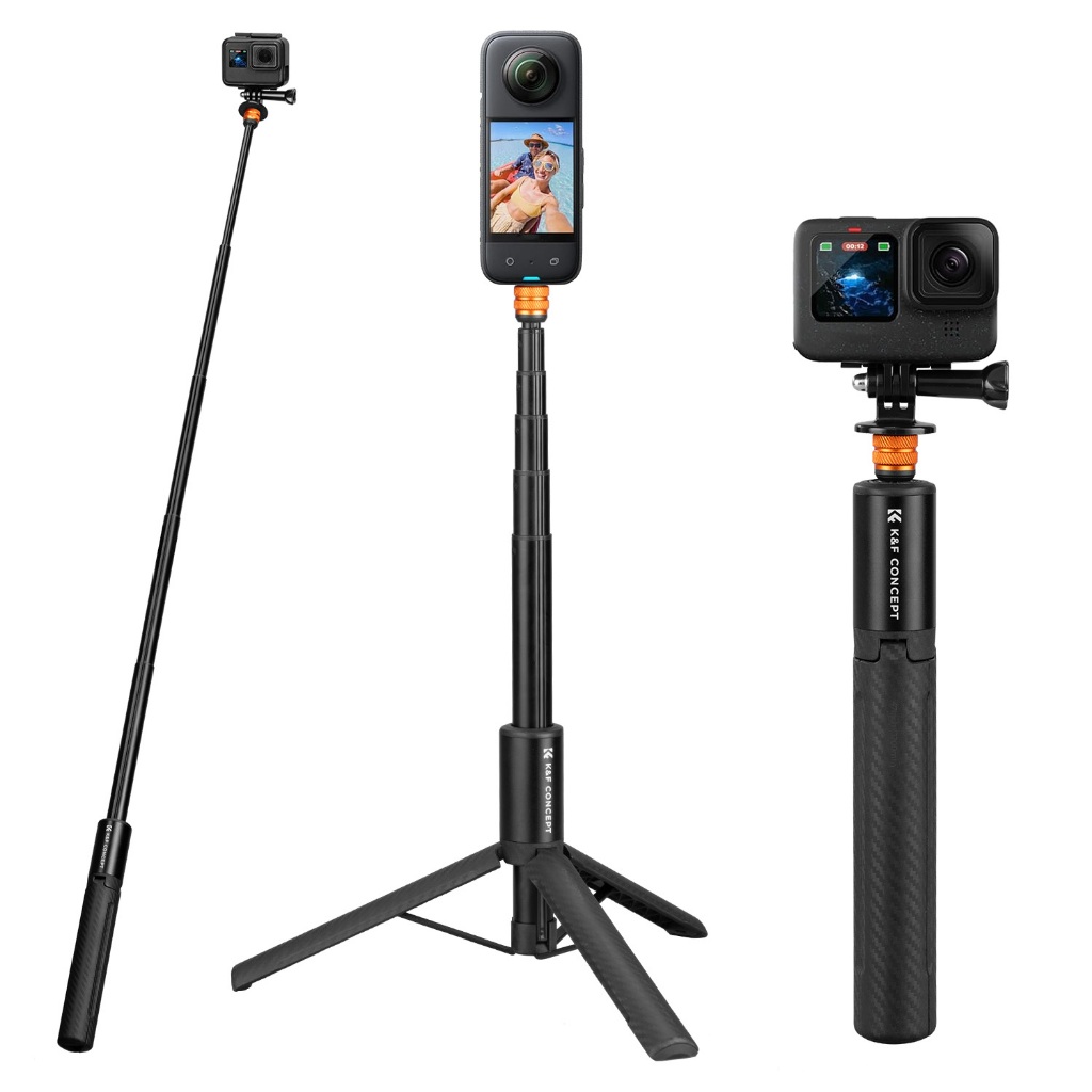 K&F Concept ไม้เซลฟี่ที่มองไม่เห็น, เสายาวขยาย (120 ซม./47.2in) สําหรับ Insta360 DJI Osmo 360 กล้องกีฬา GoPro DJI Action, 1/4" ขยาย Monopod พร้อมอะแดปเตอร์ GoPro