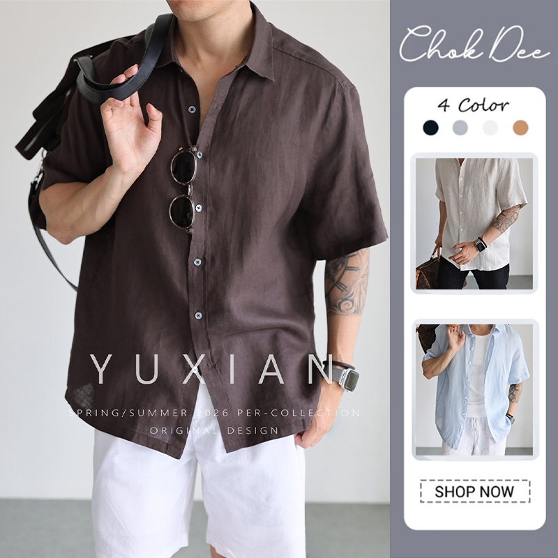 เสื้อเชิ้ตแขนสั้นผู้ชาย ทำจากผ้าลินินแห้งเร็ว สวมใส่สบายสำหรับเทศกาลสงกรานต์และวันหยุดที่ชายหาด