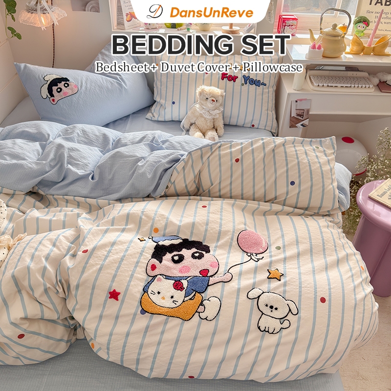 Dansunreve 4ชิ้น ชุดผ้าปูที่นอน ไม่มีผ้านวม kitty ผ้าขนหนูปัก ชุดผ้าปู Melody Crayon Shin-chan 3ฟุต 5ฟุต 6ฟุต ผ้าปูที่นอน+ปลอกผ้านวม+ปลอกหมอน 10นิ้ว 500เส้นด้าย พิมพ์ลาย single queen