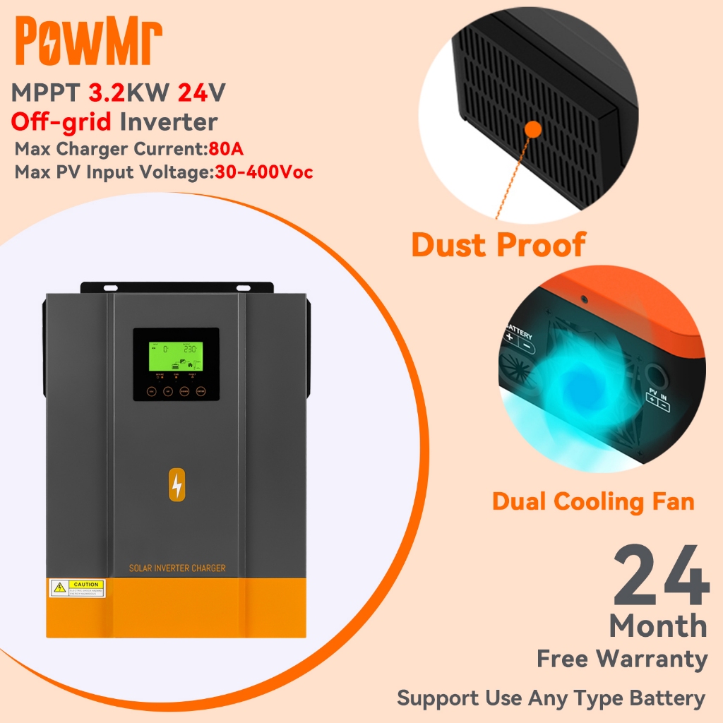 PowMr MPPT 3.5KW Pure Sine Wave Solar Hybrid อินเวอร์เตอร์ 230Vac PV เริ่มต้นแรงดันไฟฟ้า 30Voc ในตัว 80A ตัวควบคุมพลังงานแสงอาทิตย์ 50/60Hz รองรับอัตโนมัติแบตเตอรี่ 24V ใช้แบตเตอรี่ทุกชนิด