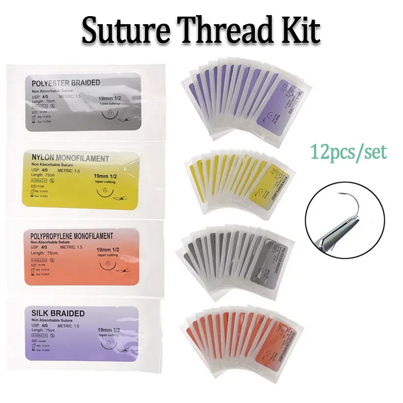 12 ชิ้น 4/0 Polypropylene Monofilament ด้ายทางการแพทย์เข็มเย็บด้ายการฝึกอบรมชุดฝึกเย็บ