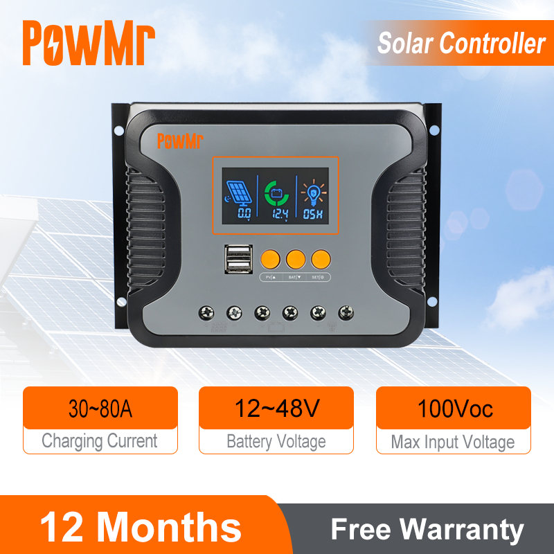 PowMr 30A 60A 80A Solar Charge Controller PWM 12 V/24 V/36 V/48 V อัตโนมัติ Solar Controller สูงสุด PV สนับสนุน 100 VDC สนับสนุนตะกั่ว Acid Lifepo4 แบตเตอรี่หนึ่งปีฟรีรับประกัน