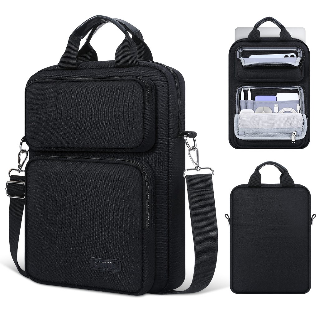 MoKo 13.3-14 นิ้วธรรมดาสีดําแล็ปท็อป Multi-Pockets กระเป๋าถือกระเป๋า w/ Handle & สายคล้องไหล่สําหรับ
