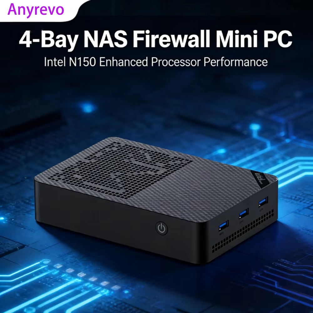 4-Bay NAS Mini PC Intel N150, 4x M.2 NVMe SSD, 12GB DDR5 RAM, 64GB eMMC Storage,Wins 11 Firewall Rou