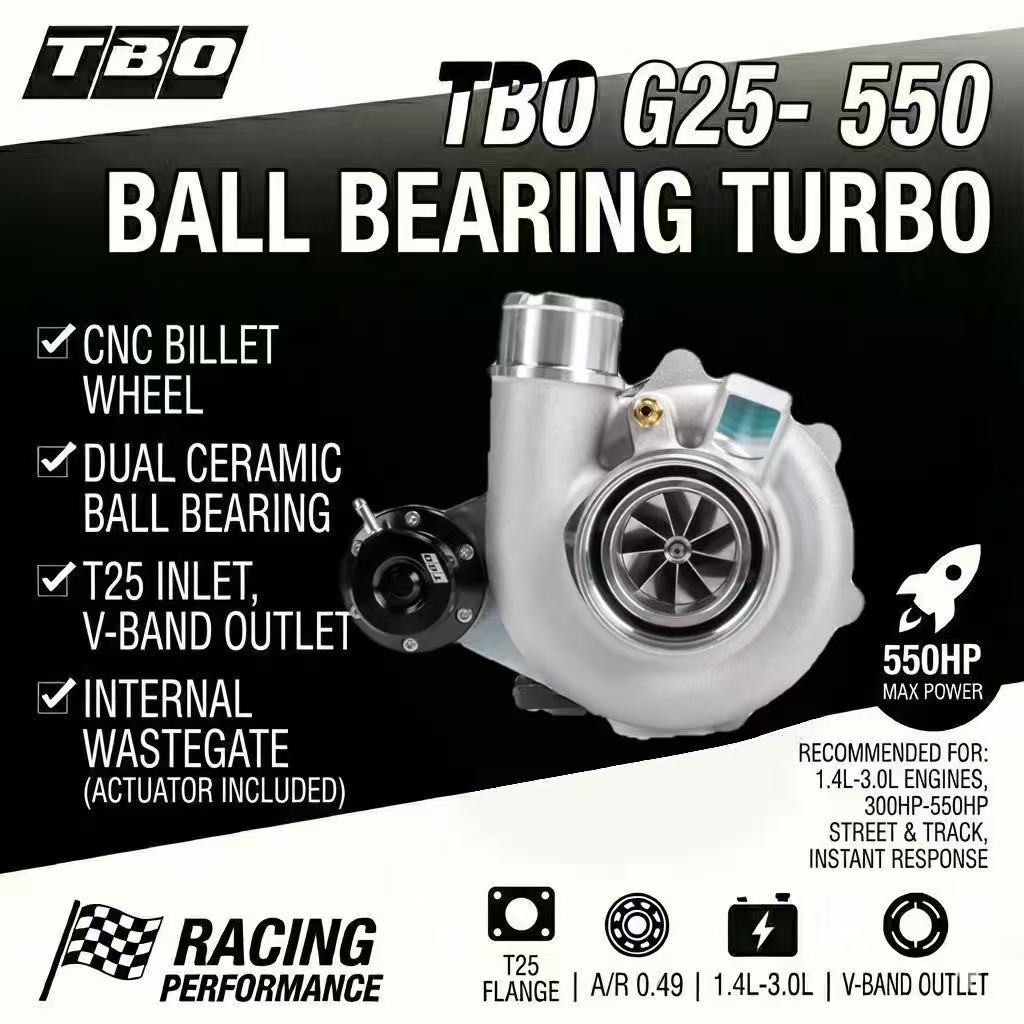 TBO G25-550 แบริ่งบอลเซรามิกเทอร์โบ | หน้าแปลน T25 A/R 0.49 | แกนม้วนเร็ว 550HP สําหรับ 1.6L-3.0L My