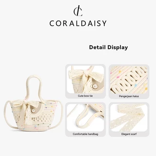 CORALDAISY สินค้าใหม่ปี 2026 กระเป๋าสะพายข้างสาน กระเป๋าถือติดกระดุมมุก สายสะพายยาวลายจุดหลากสี