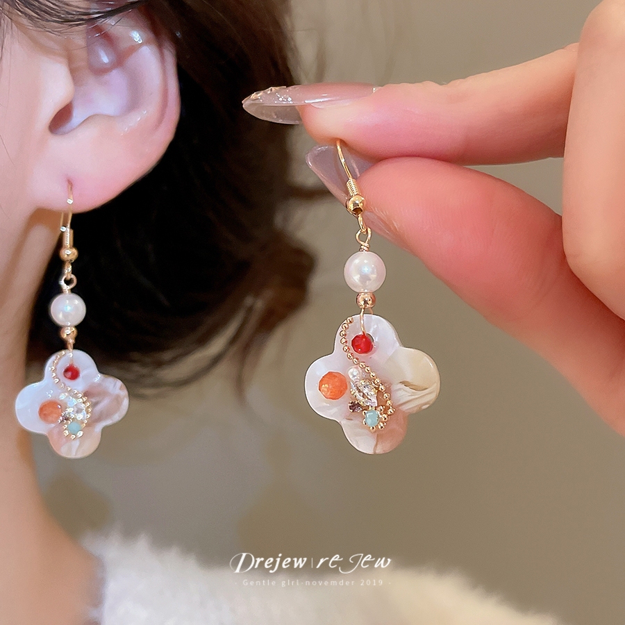 DREJEW Gold Fower & สีสัน Rhinestone Drop ต่างหูแฟชั่นผู้หญิงอินเทรนด์ทุกวัน Stylish เครื่องประดับอุปกรณ์เสริม - รูปที่ 2