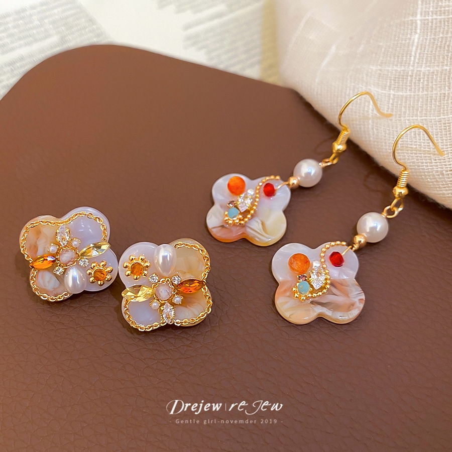 DREJEW Gold Fower & สีสัน Rhinestone Drop ต่างหูแฟชั่นผู้หญิงอินเทรนด์ทุกวัน Stylish เครื่องประดับอุปกรณ์เสริม - รูปที่ 4