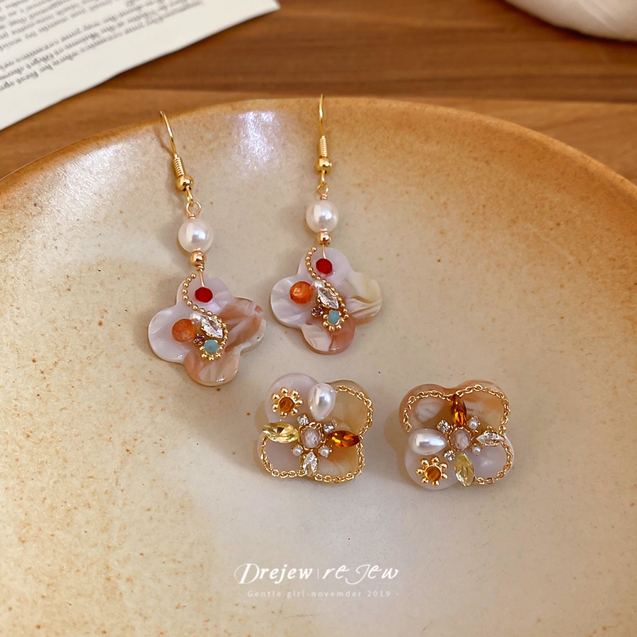DREJEW Gold Fower & สีสัน Rhinestone Drop ต่างหูแฟชั่นผู้หญิงอินเทรนด์ทุกวัน Stylish เครื่องประดับอุปกรณ์เสริม - รูปที่ 6