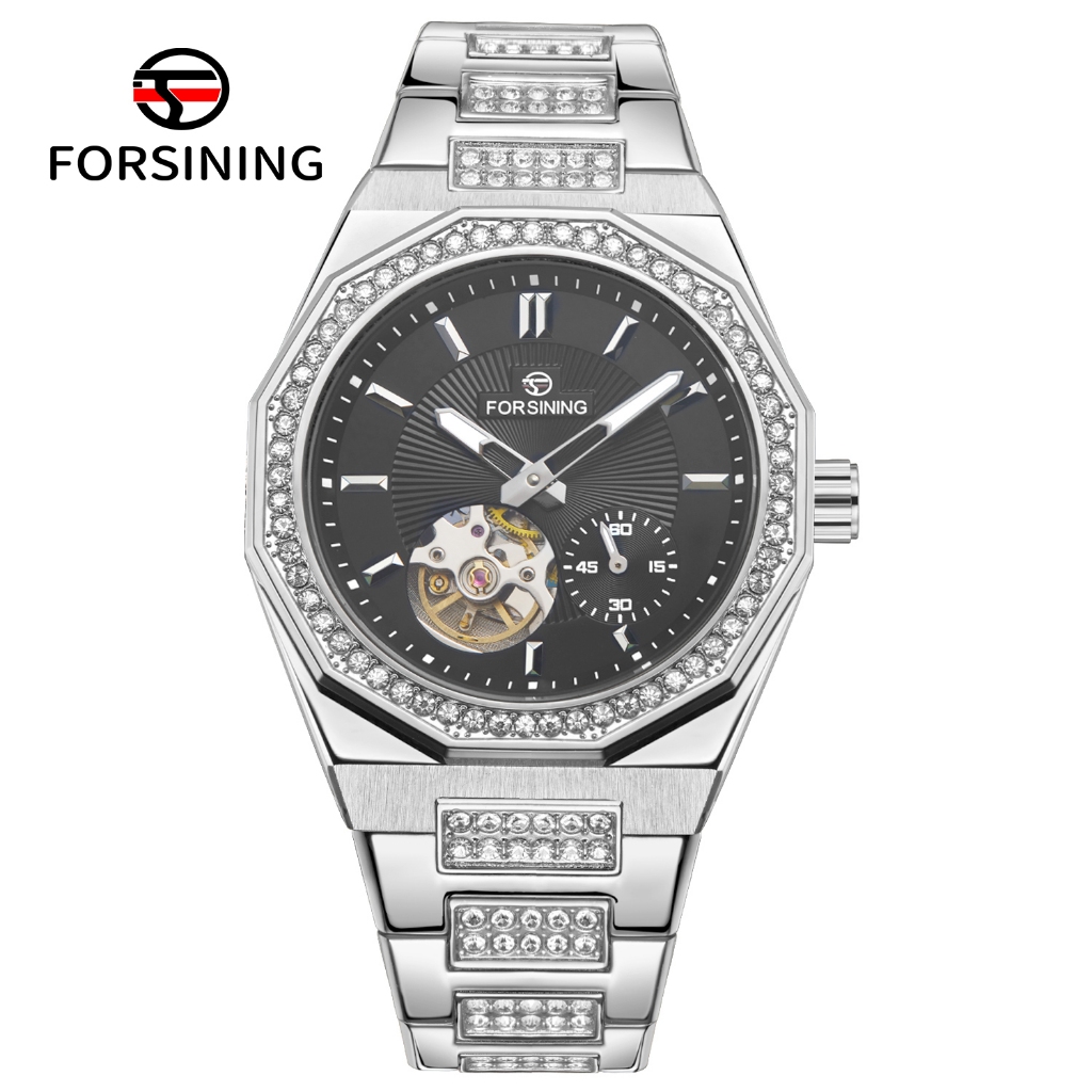 FORSINING 480 Hollow Flywheel Design Mens Automatic Mechanical Watch Iced Out Business Male Watch