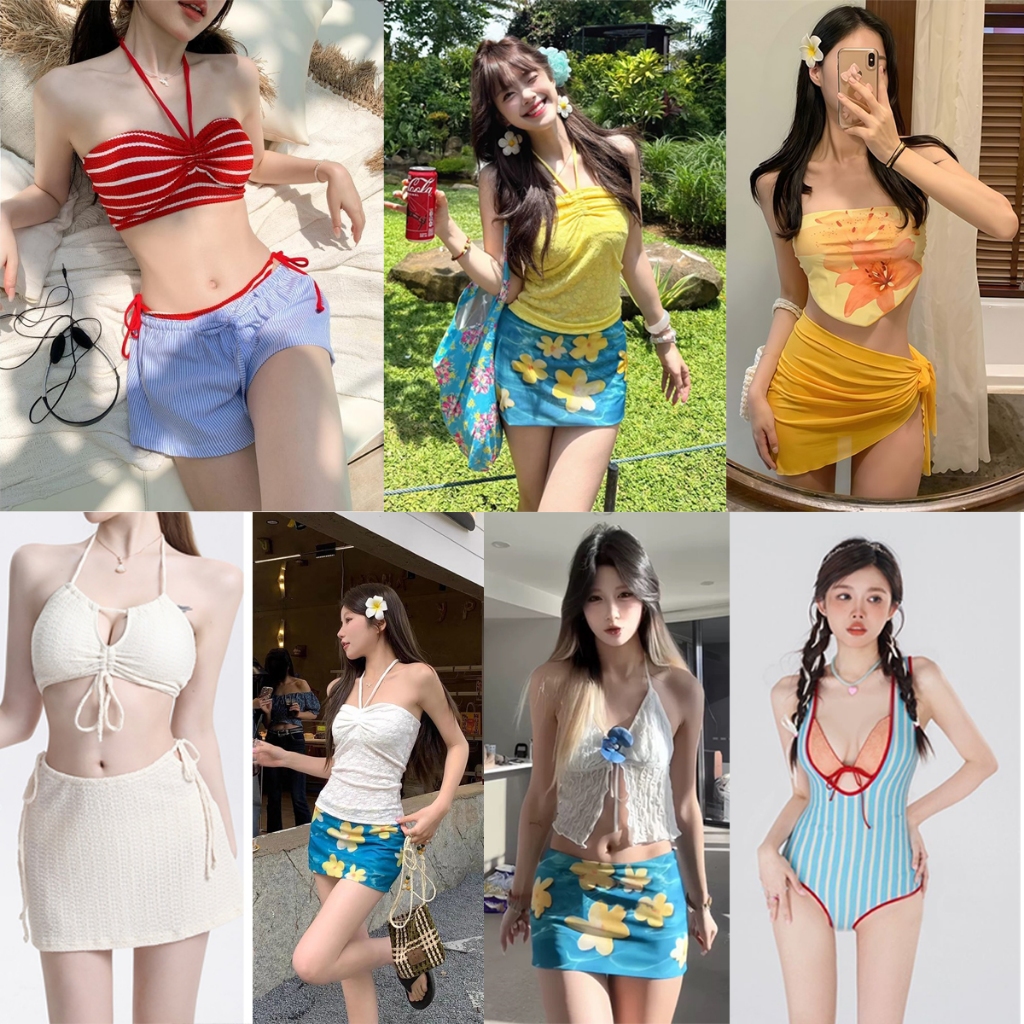 【บิกินี่/Bikini】นักเรียน,ชุดว่ายน้ำสุภาพสตรี ไม่มีสาย เชือกรูดฝรั่งเศส กระโปรงลายดอกไม้ หาดทราย ระบายอากาศ และเป็นมิตรกับผิว (ไซส์ M-XL)